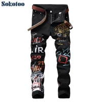 sokotoo mens letters pattern printed black jeans fashion painted slim fit stretch cotton denim pencil pants
