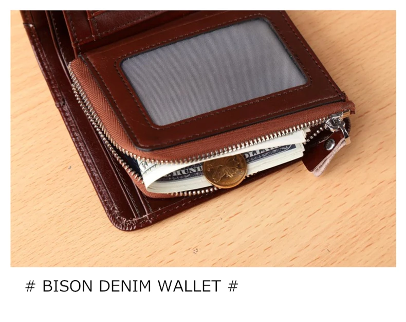 BISON DENIM мужской кошелек из натуральной кожи, винтажные двойные мужские кошельки с отделением для монет, мужские короткие кошельки N4441