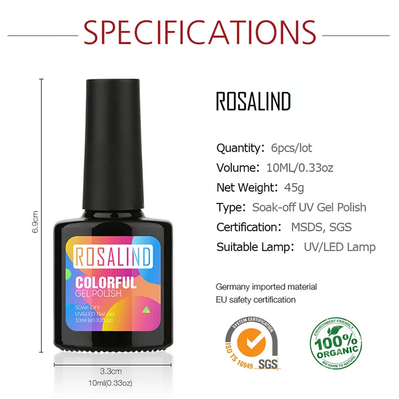

ROSALIND Nail Gel Varnishes Set 10ML Long Lasting Gel Lacquer Pure Color Need Base Top Coat Nail Art UV Soak off Nail Gel Polish
