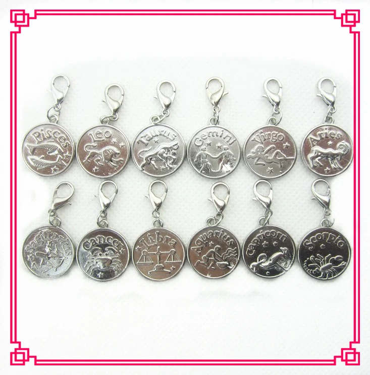 

Hot selling silver 24pcs/lot mix 12 Signs of the Zodiac dangle charms lobster clasp charms for glass floating lockets charms