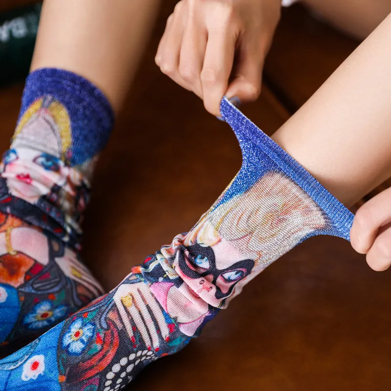 3D Блеск граффити окрашенные длинные носки для женщин Красочные высокие смешные