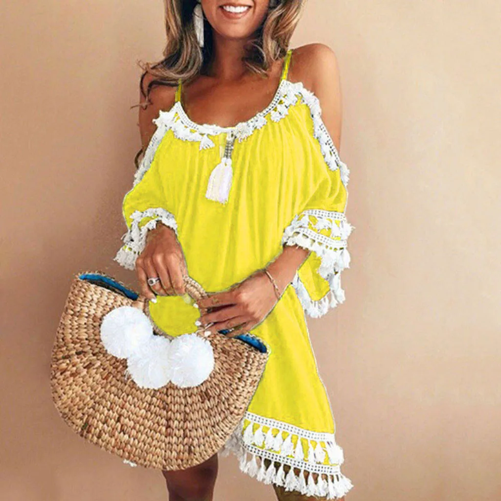 Цвет: желтый Пляжное Платье, женское платье с открытыми плечами, Короткие Коктейльные Вечерние платья с кисточками, Пляжное Платье, сарафан, сексуальное платье, платья для пляжа - Цвет: Цвет: желтый