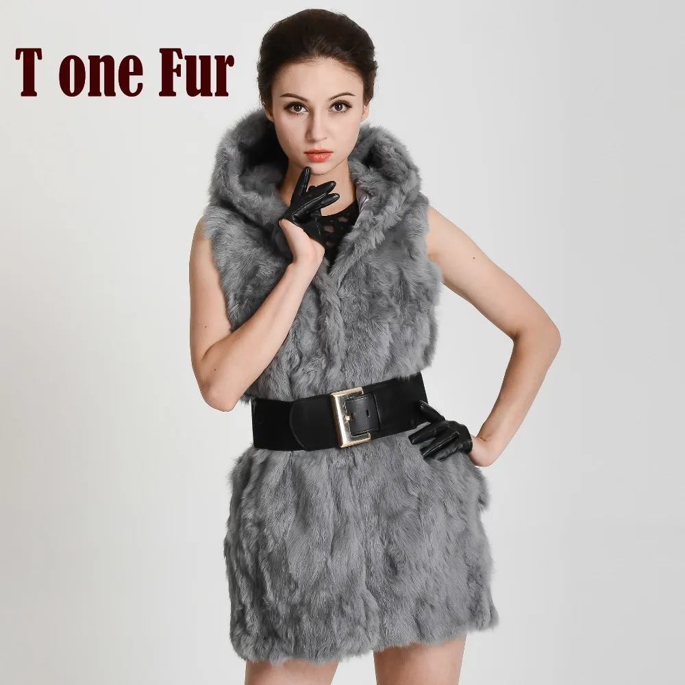 Женский жилет из натурального кроличьего меха зимний теплый с капюшоном