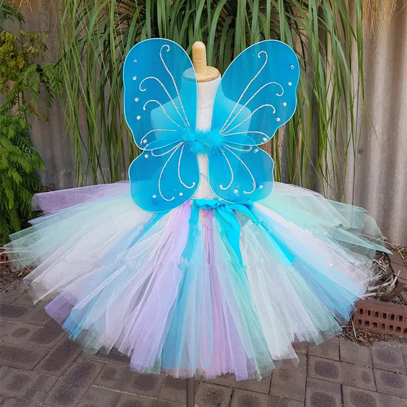 blue set Юбки-пачки с радужной бабочкой для маленьких девочек; Детский костюм бабочки с бантом из ленты; Праздничная юбка для девочек на день рождения; юбки для танцев; PQ157 - Цвет: blue set