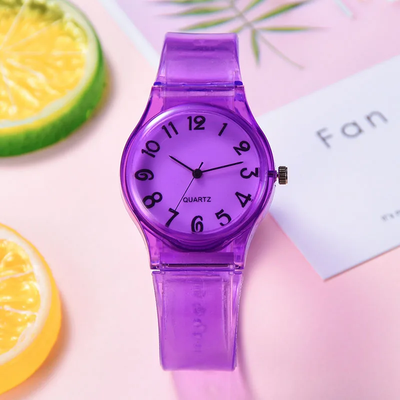 Женские кварцевые часы яркого цвета с круглым циферблатом силиконовым ремешком