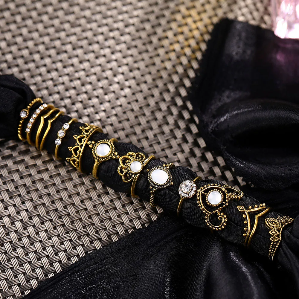 DAXI 10Pcs/Set Vintage Ring Set Sculpture Elephant Leaf Feather Crystal Gems Silver Color Joint Female Charm Jewelry Gift | Украшения и