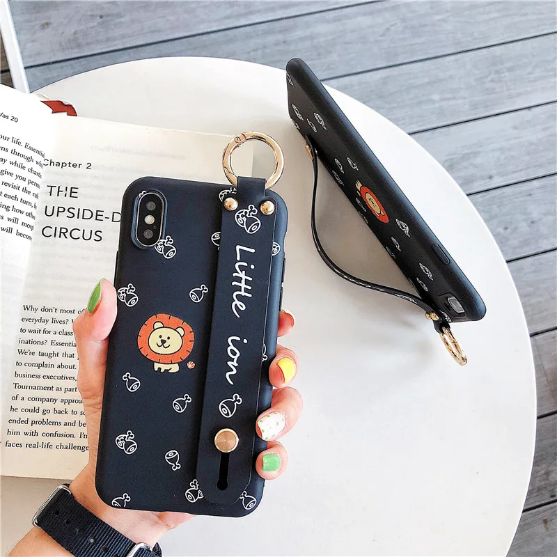 cute cartoon lion wrist strap Kickstand IMD black soft shell mobile phone bag For Apple iphone 6 6s 7 8 Plus X XS XR MAX case |