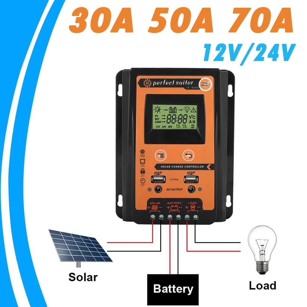 PowMr 70A 50A 30A контроллер солнечного зарядного устройства 12 В 24 в авто солнечная
