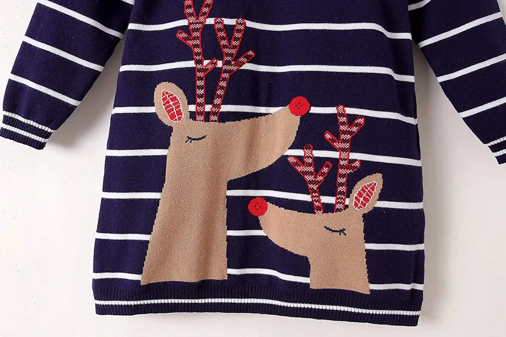 

2019 New Style Fashion Toddler Kids Baby Girls Christmas Santa Deer Stripe Winter Knit Sweater Dresses