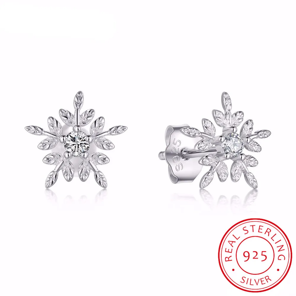 

Real 925 silver needle White Snowflake Stud Earrings Cubic Zirconia Jewelry For Women Fashion Sterling Silver Earrings