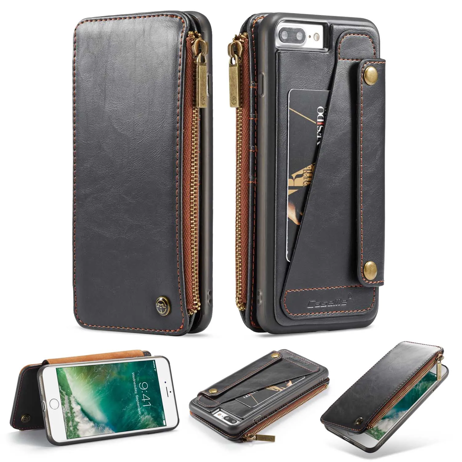 Для Funda iPhone 7 Plus чехол для телефона роскошный дизайн на молнии кожаный кошелек держатель для карт чехол Чехол для iPhone 7 8 6S XR XS оболочка - Цвет: black
