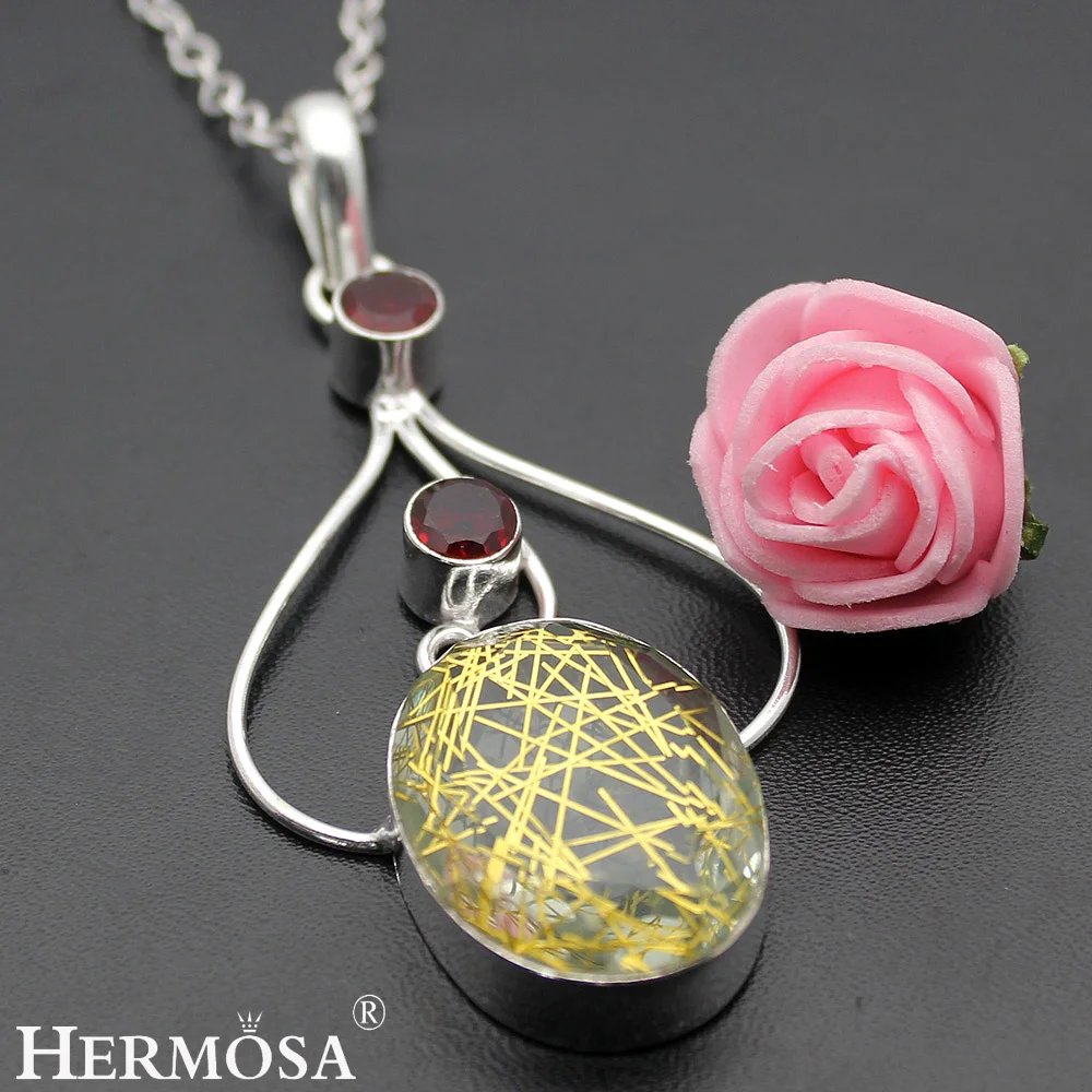 Hermosa ювелирные изделия Редкие модные золотые волосы кристалл гранат серебряный