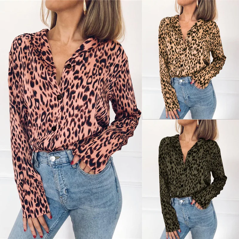 

2019 Women Blouses Summer Chiffon Leopard Blouse Long Sleeve Turn Down Collar Lady Office Shirt Loose Tops Plus Size S-3XL