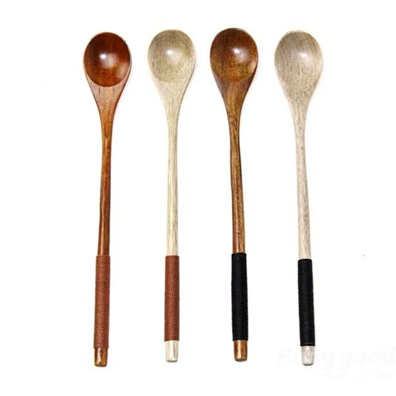 Long Handle Wooden Mixing Food Spoon Dinnerware Tie Wire Round Ladle Soup Milk Stirring Scoop | Дом и сад
