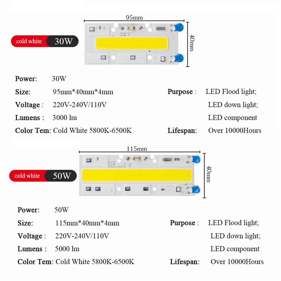 Источник света светодиодный чип 30 Вт 50 100 150 прожектор лампа 110 В 220 умный IC без