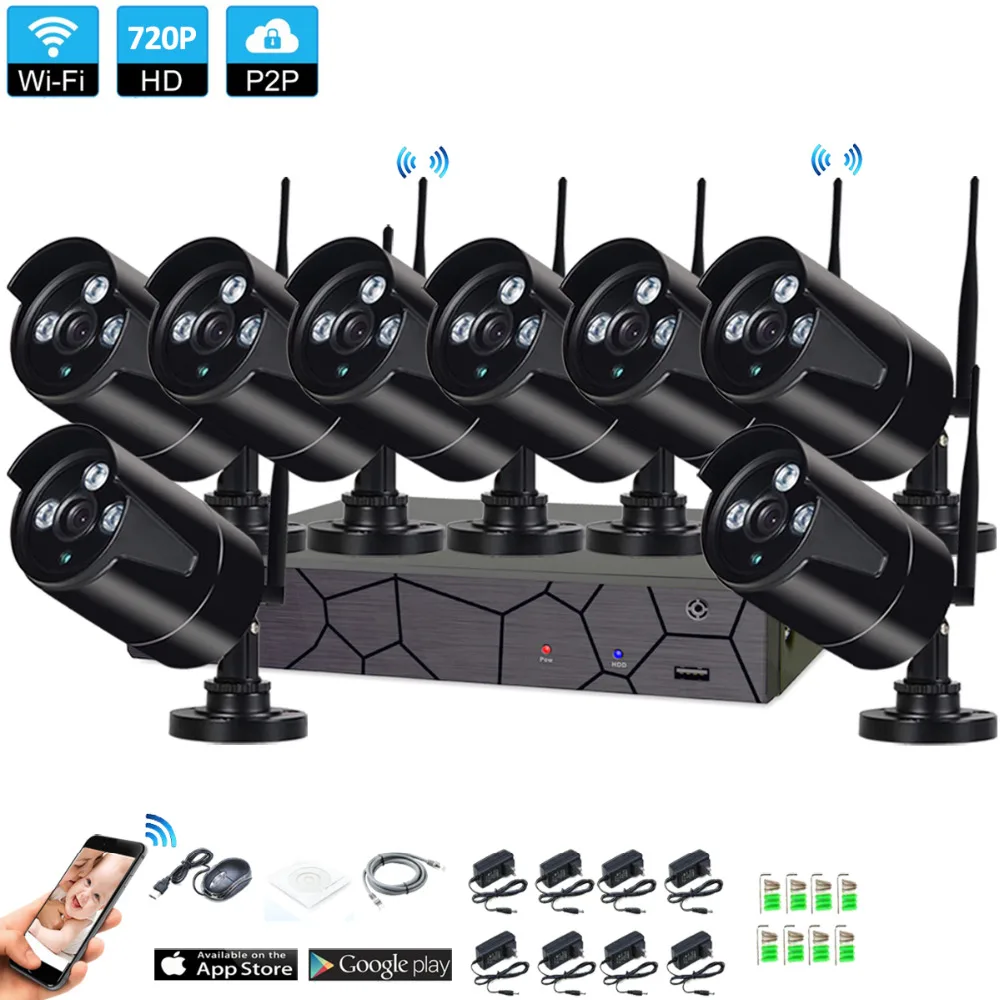 Plug and Play 8CH 1080P HD Wireless NVR Kit P2P 720P Indoor Outdoor IR Night Vision Security 1.0MP IP Camera WIFI CCTV System |