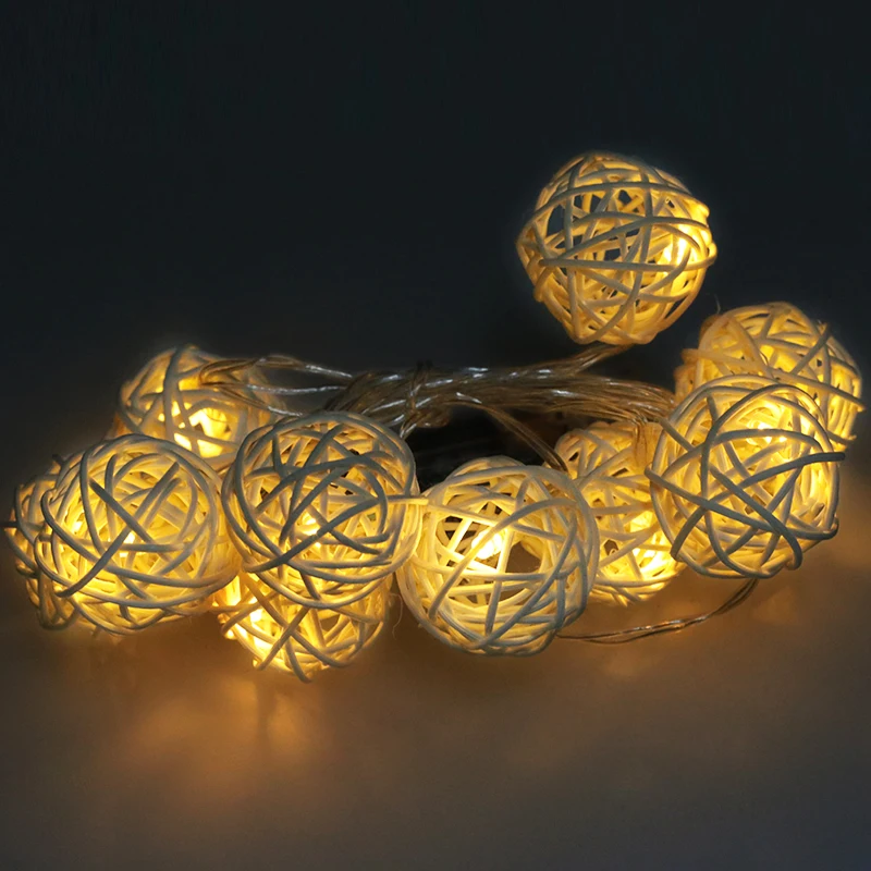 10LED 1 м 20LED 2 м ротанговый шар сказочная гирлянда декоративные огни теплый белый Рождественский свет для украшения свадебной вечеринки - Испускаемый цвет: Warm White