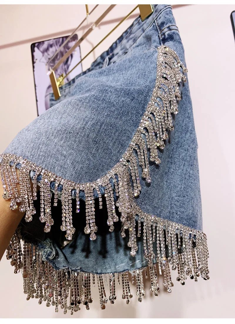 WHITNEY WANG Летняя мода уличная мода Bling бриллианты Кисточкой Шорты Джинсы женские стильные джинсовые брюки