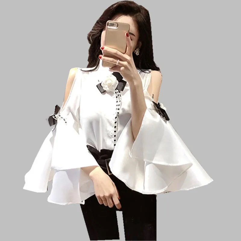 HAMALIEL новая мода большой рукав раструб белый рубашка Blusas Весна женский 3D