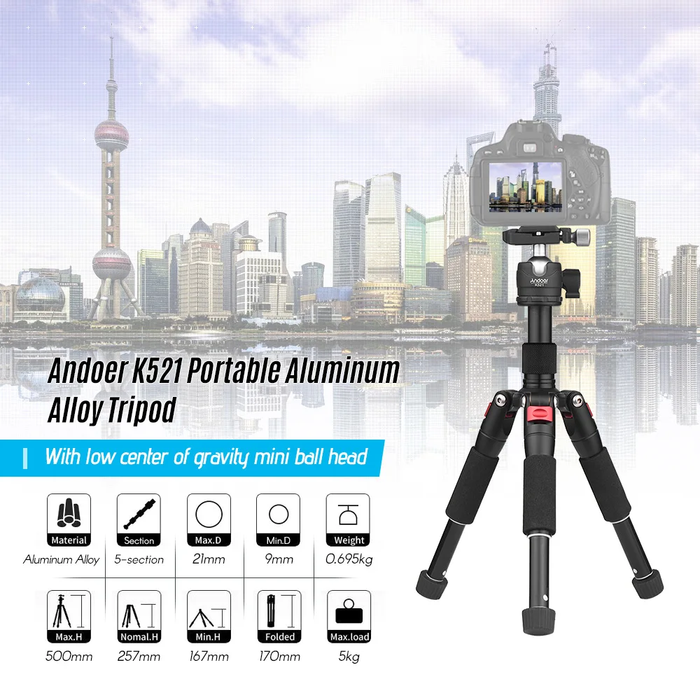 Andoer K521 Портативный штатив монопод 5 секционный Телескопический из алюминиевого