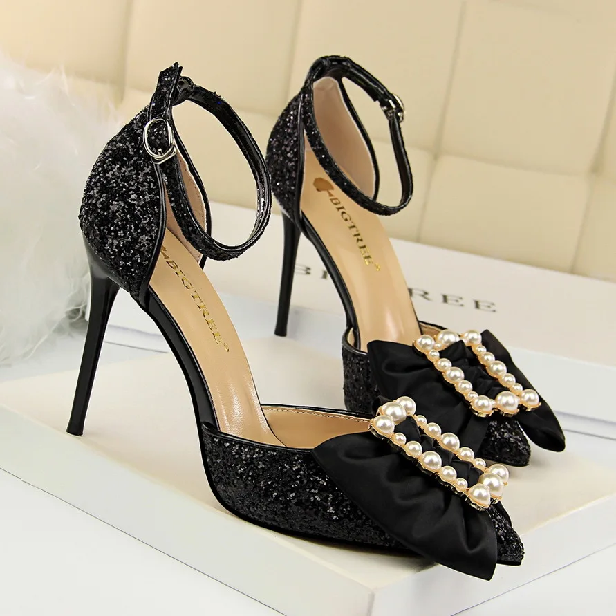 

Platform Slingback Pumps women shoes classic High heels 10cm pink hollow shallow pointed sequins metal buttons pearl bow sandals