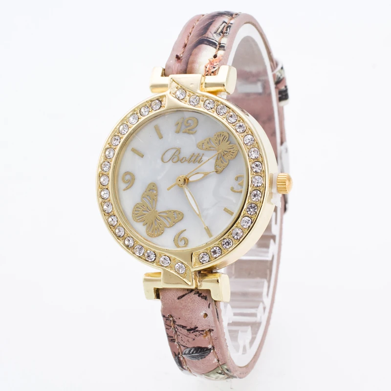 100pcs/lot botti-7 mini leather belt botti butterfly watch gold case flower crystal lady casual elegance wristwatch | Наручные часы