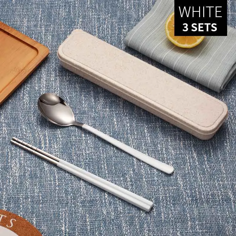 White 3 Set LANSKYWARE китайский 304 столовая посуда из нержавеющей стали набор портативная противоскользящая посуда с цветной краской для школы и пикника набор для ужина - Цвет: White 3 Set