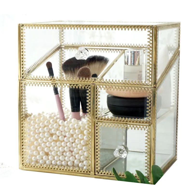 

Retro glass cosmetic box gift red lip glaze make-up cotton four-in-one storage box bronze edging dust-proof and gray