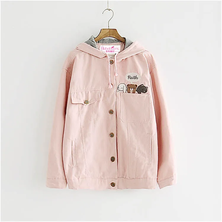 Милые женские короткие куртки пальто мультфильм животных вышивка с капюшоном