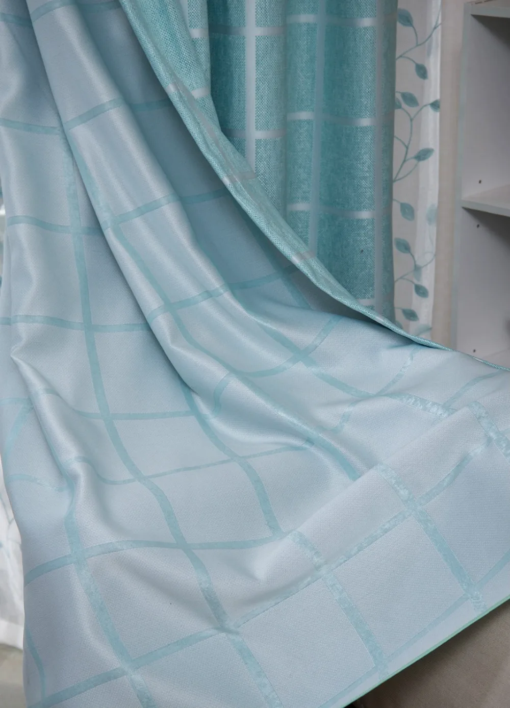 Корейские стильные плотные шторы в клетку кофейного/светло голубого цвета из