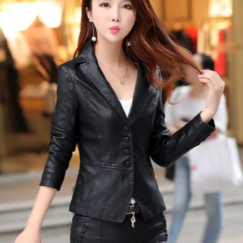 Куртка женская из искусственной кожи с треугольным вырезом 2019|pu coat|faux leather jacketleather