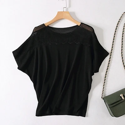 black tshirt Shintimes Летняя трикотажная открытая футболка для женщин, Повседневная футболка с рукавом летучая мышь, свободные однотонные топы с круглым вырезом, женская футболка - Цвет: black tshirt