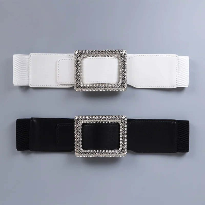 luxury crystal Design female elastic wide waistband fashion rhinestone buckles Elastic skirt wide belt for Women Designer Belt