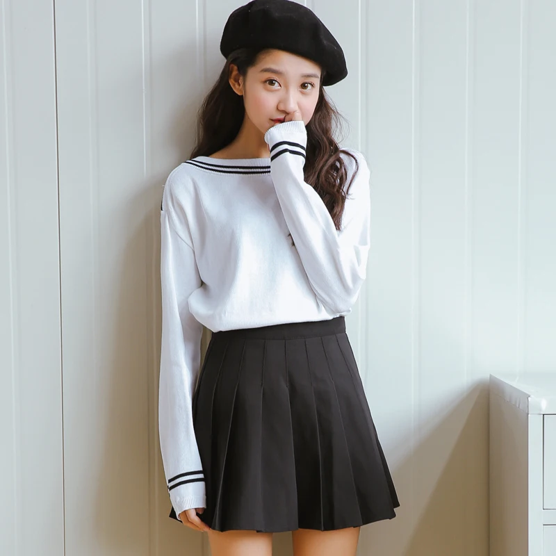white sweater Белая плиссированная юбка, шорты, женское Свободное длинное платье с длинными рукавами, тонкая юбка с высокой талией, хлопковые шорты для колледжа, Осенние - Цвет: white sweater
