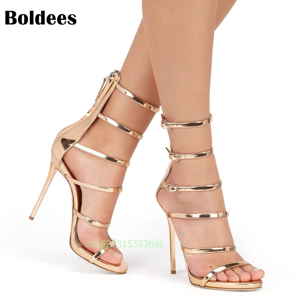 Boldees women new concise simple strappy open toe ankle strap mary jane stiletto cut out sandals Woman high heels gold silver