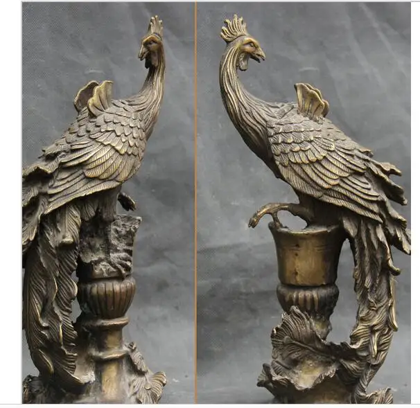 bronze Pure Copper Old Qing Ming Brass 10&quot Chinese FengShui Stand FengHuang Phoenix Bird Beast God Palace Statue |