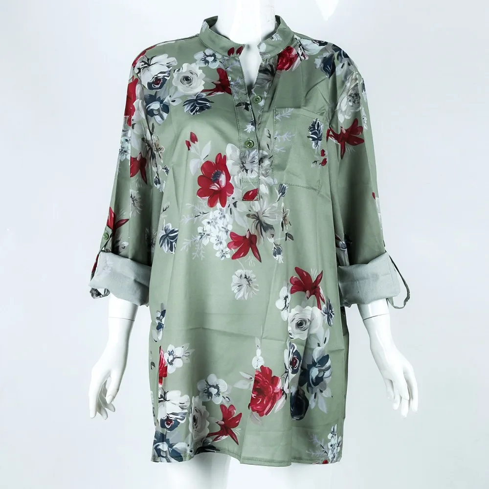 PUSEKY Women Autumn Spring Standing Collar Printed Long Sleeve Chiffon M-5XL |
