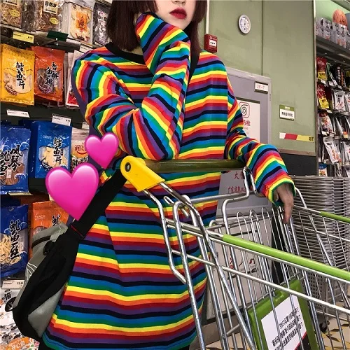 Осень Корея ulzzang Harajuku bf Топы радужные полосы модная повседневная футболка с длинными рукавами уличная свободная с круглым вырезом Женская футболка - Цвет: Multicolor