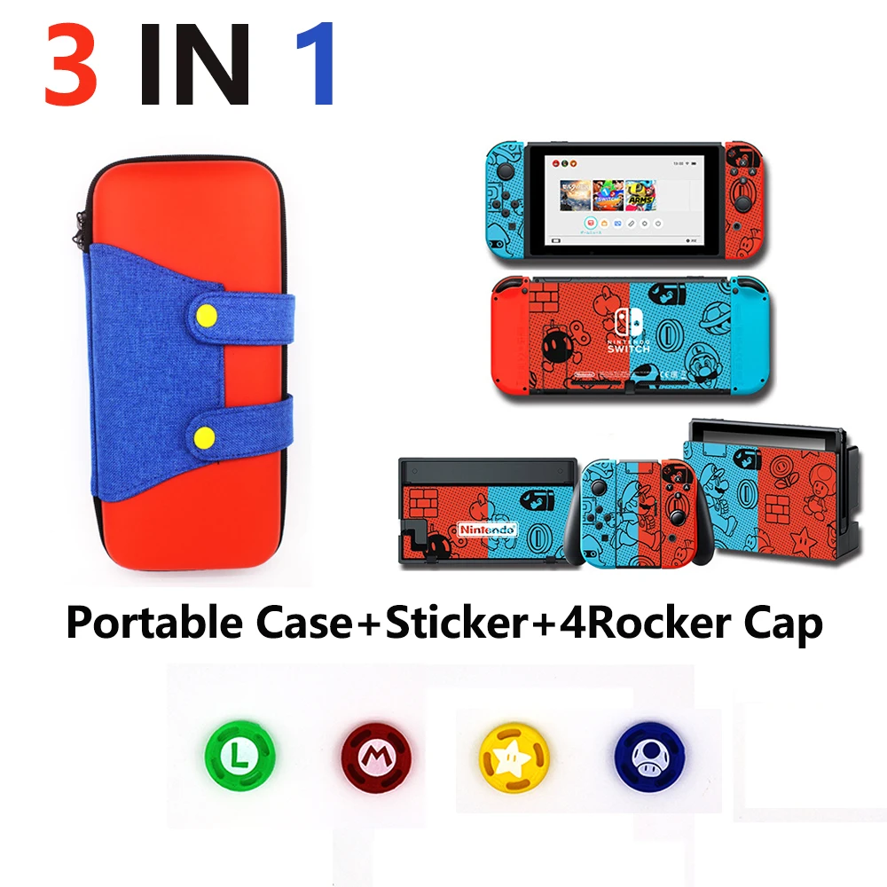 4 in 1 for Nintend Switch NS Console Carrying Storage Bag Protector+Anti-scratch Dustproof Transparent Crystal Shell+ NS Skin