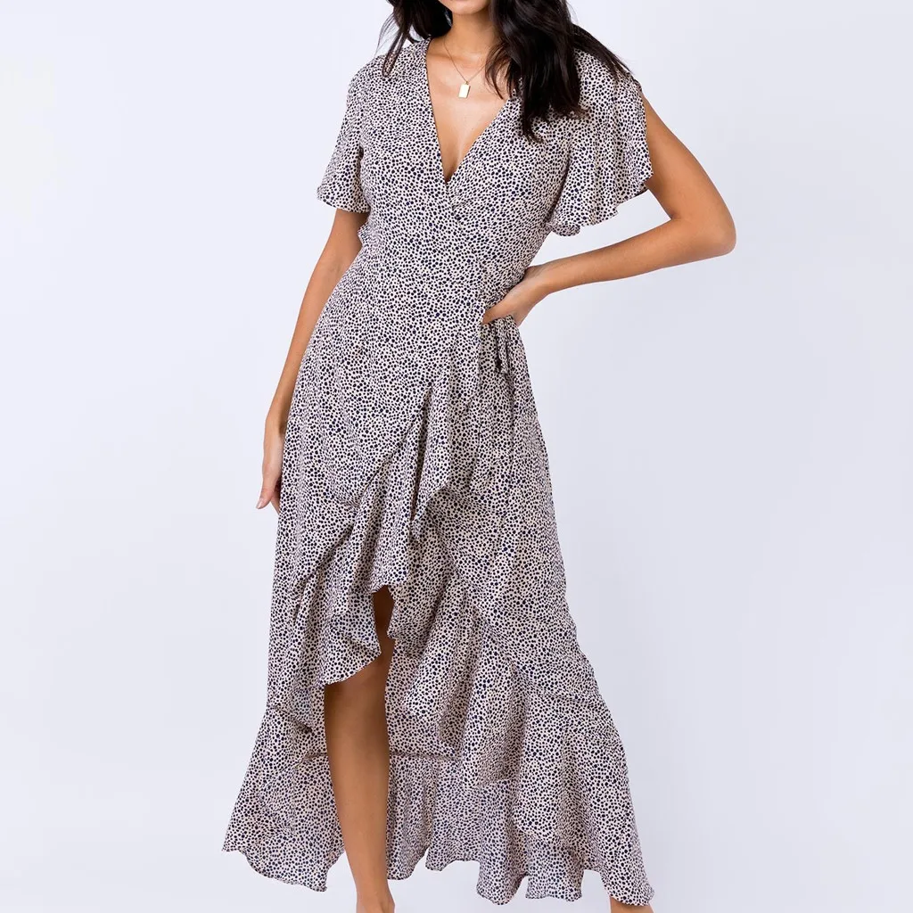 Vestidos Повседневное Mujer плиссированное платье с длинными Для женщин; сезон лето; с v-образным вырезом и расклешенными рукавами Бандажное платье с разрезами с оборками с леопардовым принтом платье Z4