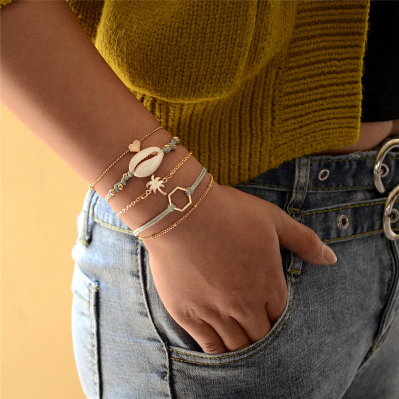 5 шт./компл. Boho Винтаж золота Sea Shell Браслеты кокосовой пальмы сердце шестиугольная Женский шарм Браслеты для Для женщин ювелирные подарки