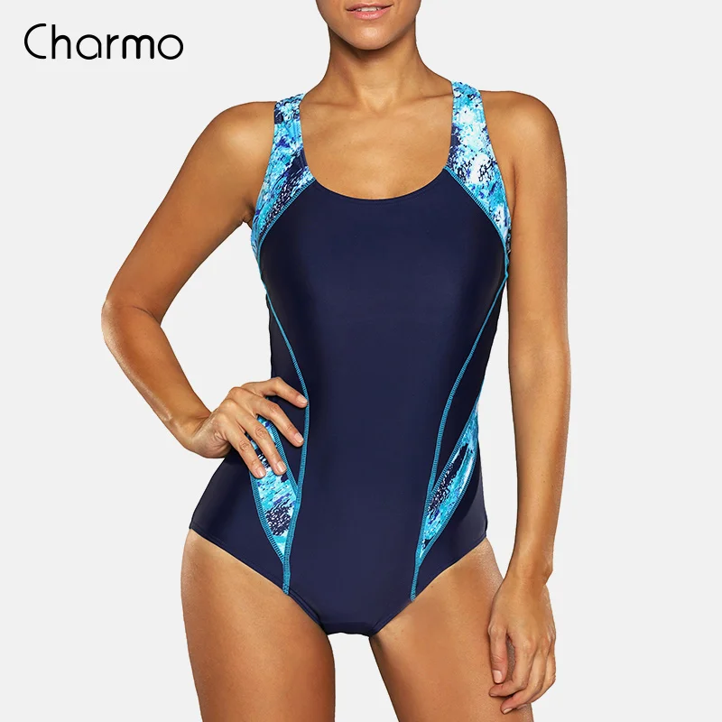 BLU Charmo цельный женский спортивный купальные Костюм спортивный купальник монокини с цветными блоками пляжный купальный костюм для фитнеса тонкая тренировочная спортивная одежда - Цвет: BLU
