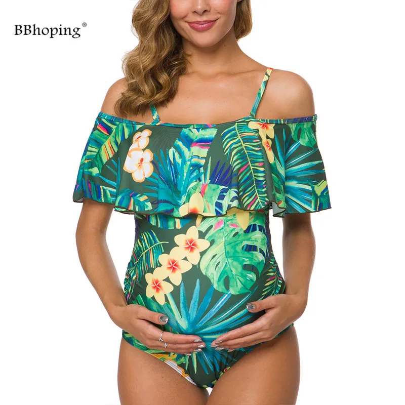 Слитный купальник для беременных с открытыми плечами Купальник Цельный рюшами