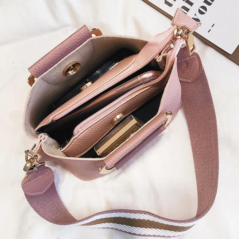 

New Europe the United States single shoulder crossbody women's bag wide shoulder belt lychee grain handbag simple holiday bag