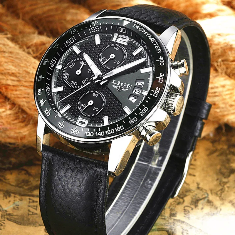 Бренд lige новинка 2016 мужские часы кварцевые мужчины реального три набора световой