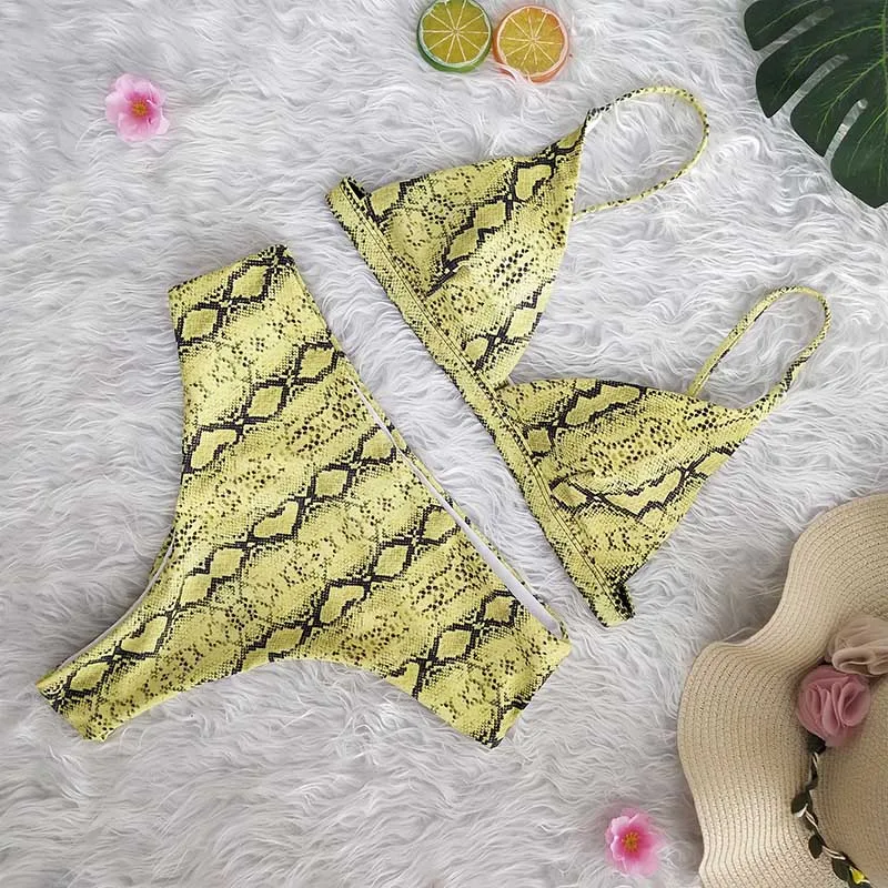 yellow snake print Купальник для фитнеса, женский купальник из двух частей, Леопардовый, тонкий, сексуальный, летний, пуш-ап, бикини, набор, высокая талия,, купальники, распродажа - Цвет: yellow snake print