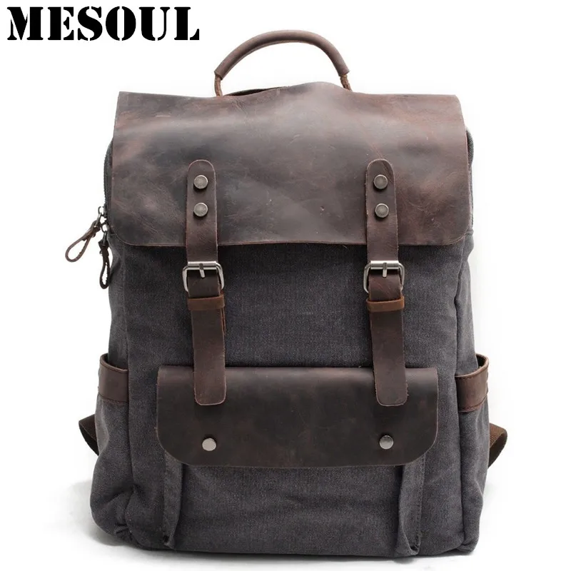 Men Canvas backpack School Bags Laptop Backpack Male Vintage Military Crazy Horse Leather Shoulder Travel Bag Backpack Schoolbag