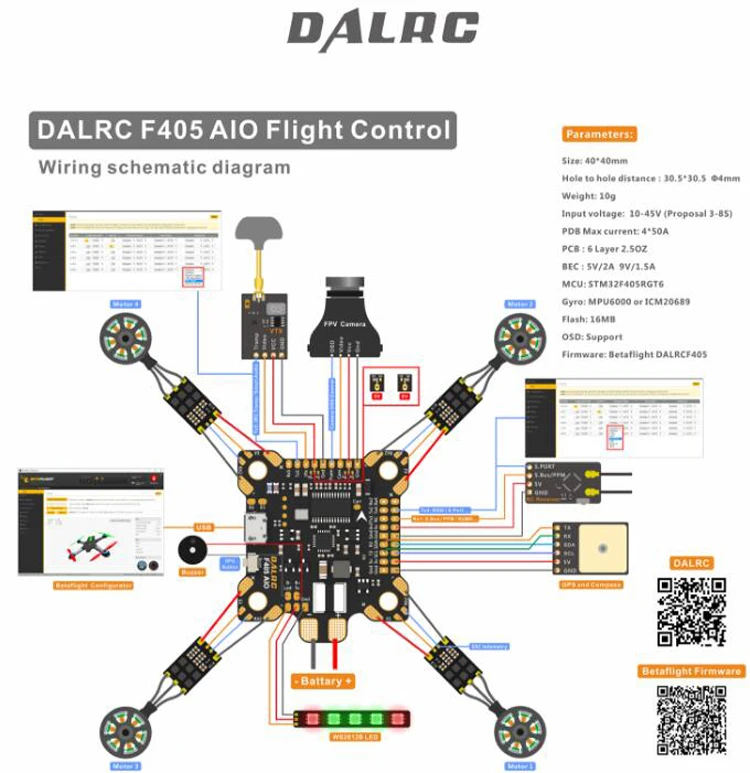 Управление полетом DALRC F405 AIO MCU STM32F405RGT6 Встроенный OSD BEC 9 В/3 А PDB для DIY гоночного