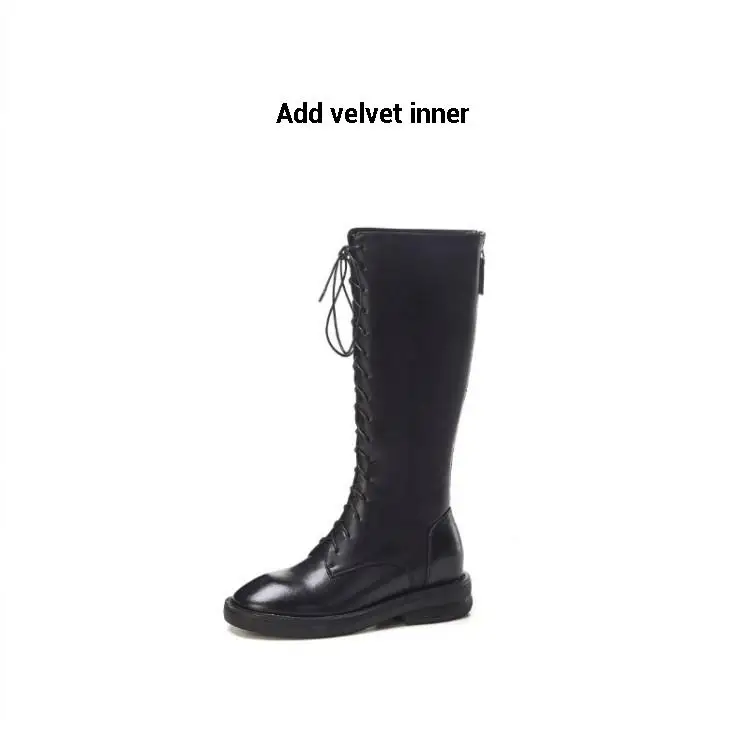 Black(Add velvet) CDAXILAN/новые женские сапоги до колена из натуральной коровьей кожи, на плоской подошве, с круглым носком, на среднем каблуке, с перекрестной шнуровкой, зимние ботинки martin - Цвет: Black(Add velvet)