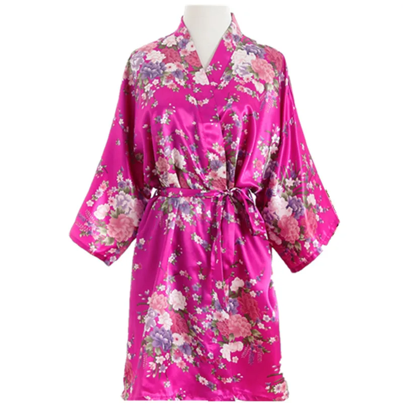 hot pink Новая горячая Распродажа ярко розовый цвет летние Для женщин шелковая ночная рубашка, платье подружки невесты, Свадебный халат платье Пион печатных кимоно юката платье один размер T88 - Цвет: hot pink
